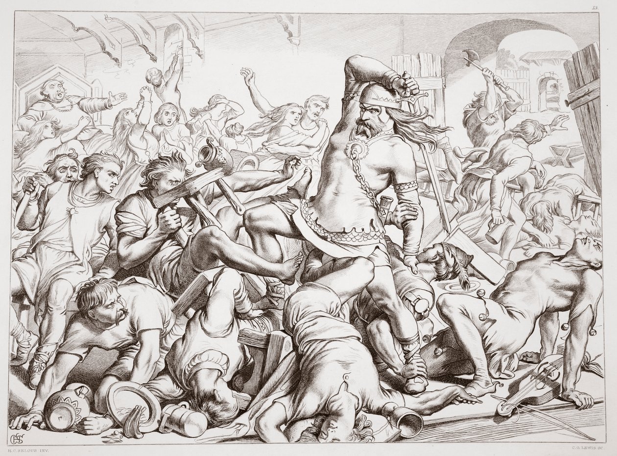 Wie Hereward Bourne von Franzosen befreite, Illustration aus Hereward the Great von Charles Kingsley, veröffentlicht 1870 von Henry Courtney Selous