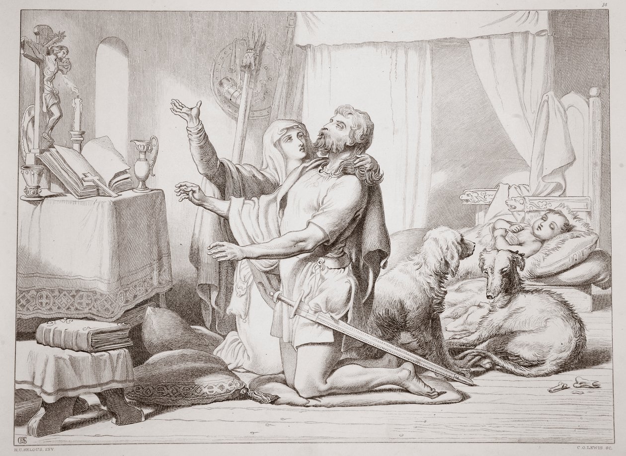 Wie Torfrida Hereward das Beten lehrt, Illustration aus Hereward the Great von Charles Kingsley, graviert von C.G. Lewis von Henry Courtney Selous
