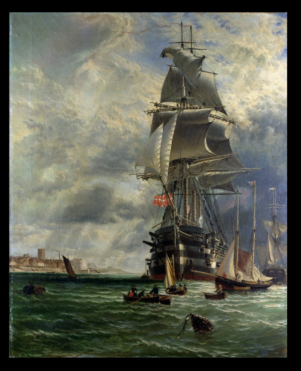 H.M.S. St. Vincent vor Anker am Eingang zum Haslar Creek, Portsmouth, 1868 von Henry Dawson