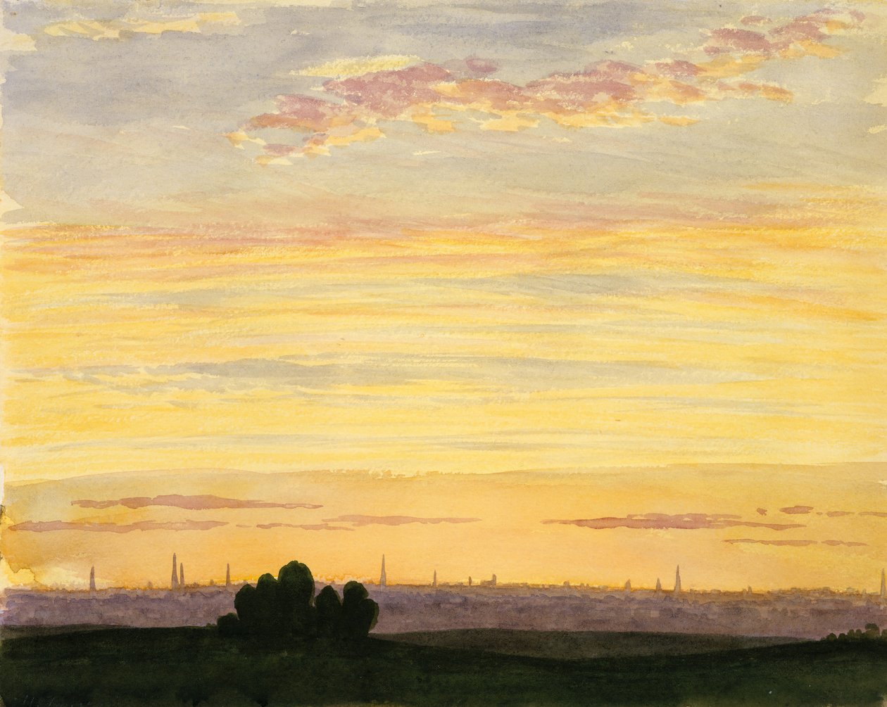 Stadt und Sonnenuntergang von Henry Farrer