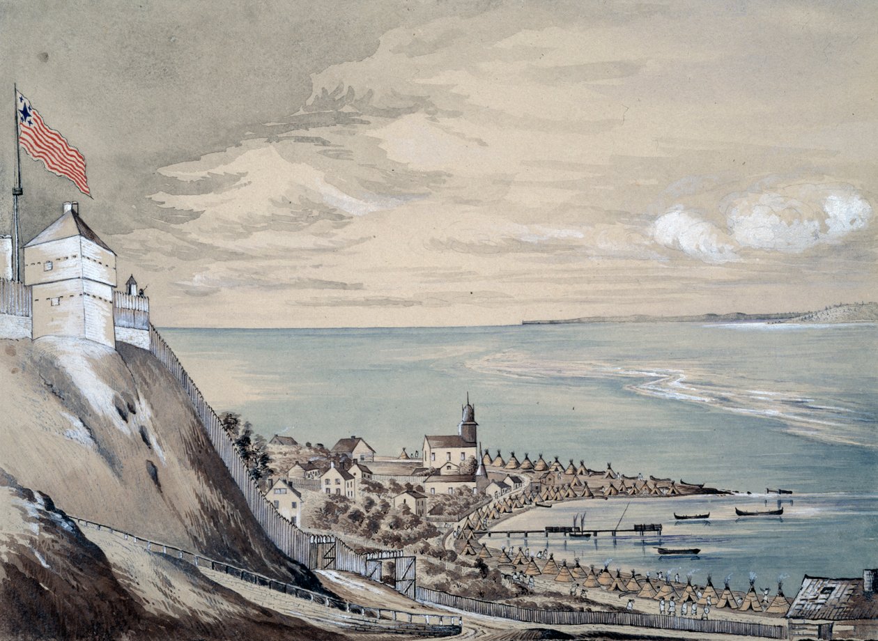 Fort und Dorf Mackinaw mit dem Indianerlager, September 1842 von Henry Francis Ainslie