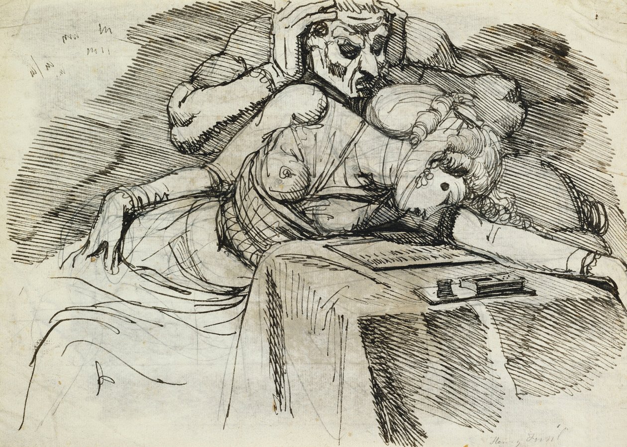 Eine Frau, die an einem Schreibtisch ohnmächtig wird, mit einer drohenden Gestalt dahinter von Johann Heinrich Füssli