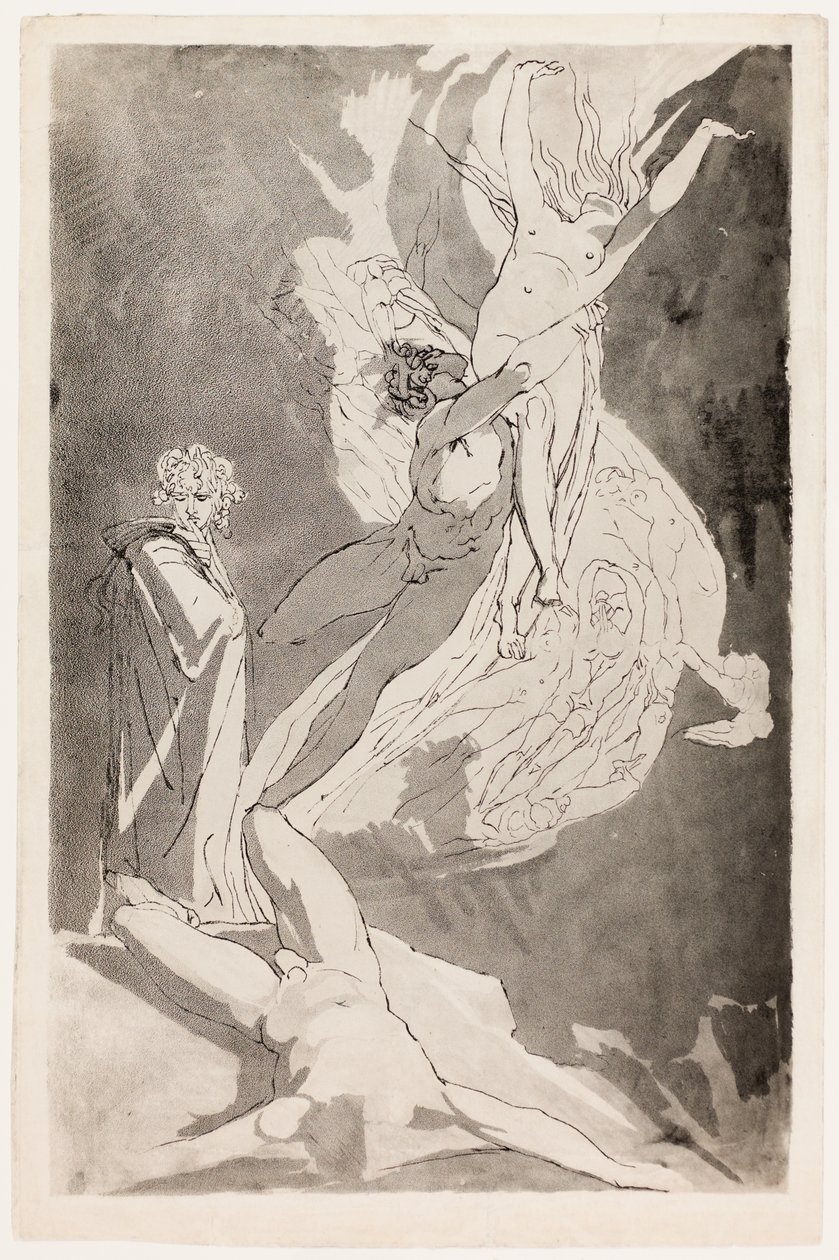 Dante fällt in Ohnmacht vor den schwebenden Seelen von Paolo und Francesca, Virgil an seiner Seite von Johann Heinrich Füssli