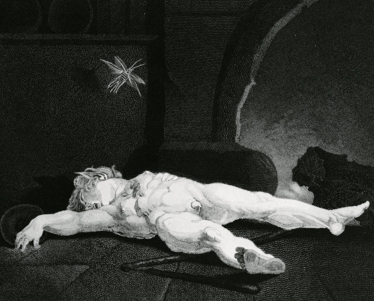 Puck schläft vor dem Landherd, graviert von Moses Haughton Jr. von Johann Heinrich Füssli