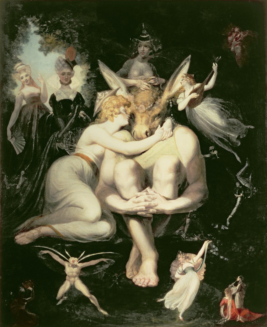 Titania erwacht, umgeben von begleitenden Feen, die Bottom umklammern, der immer noch den Eselskopf trägt, 1793-4 von Johann Heinrich Füssli