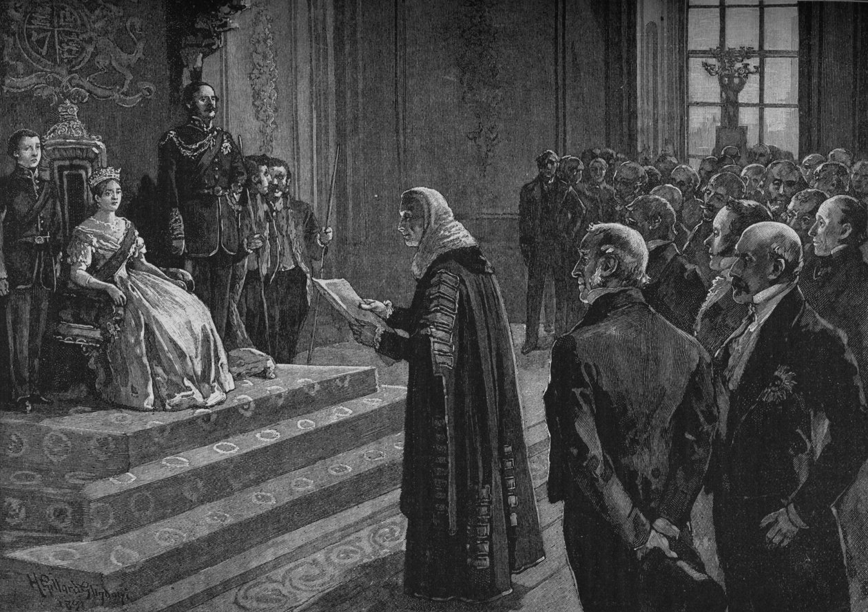 Peers und Gemeine überreichen der Königin eine patriotische Adresse am Vorabend des Krimkrieges, 1891 von Henry Gillard Glindoni