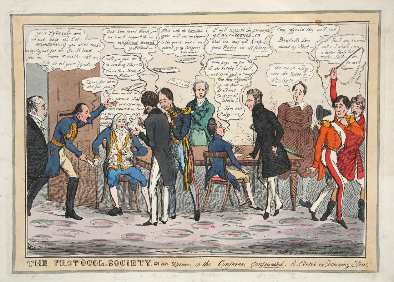 Die Protokoll-Gesellschaft in Aufruhr oder die Konferenzteilnehmer verwirrt. Eine Skizze in der Downing Street, veröffentlicht 1831 (handkolorierte Gravur) von Henry Heath