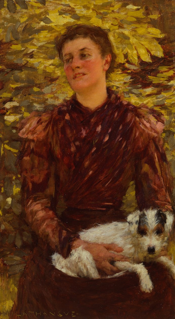 Junges Mädchen mit einem Hund von Henry Herbert La Thangue