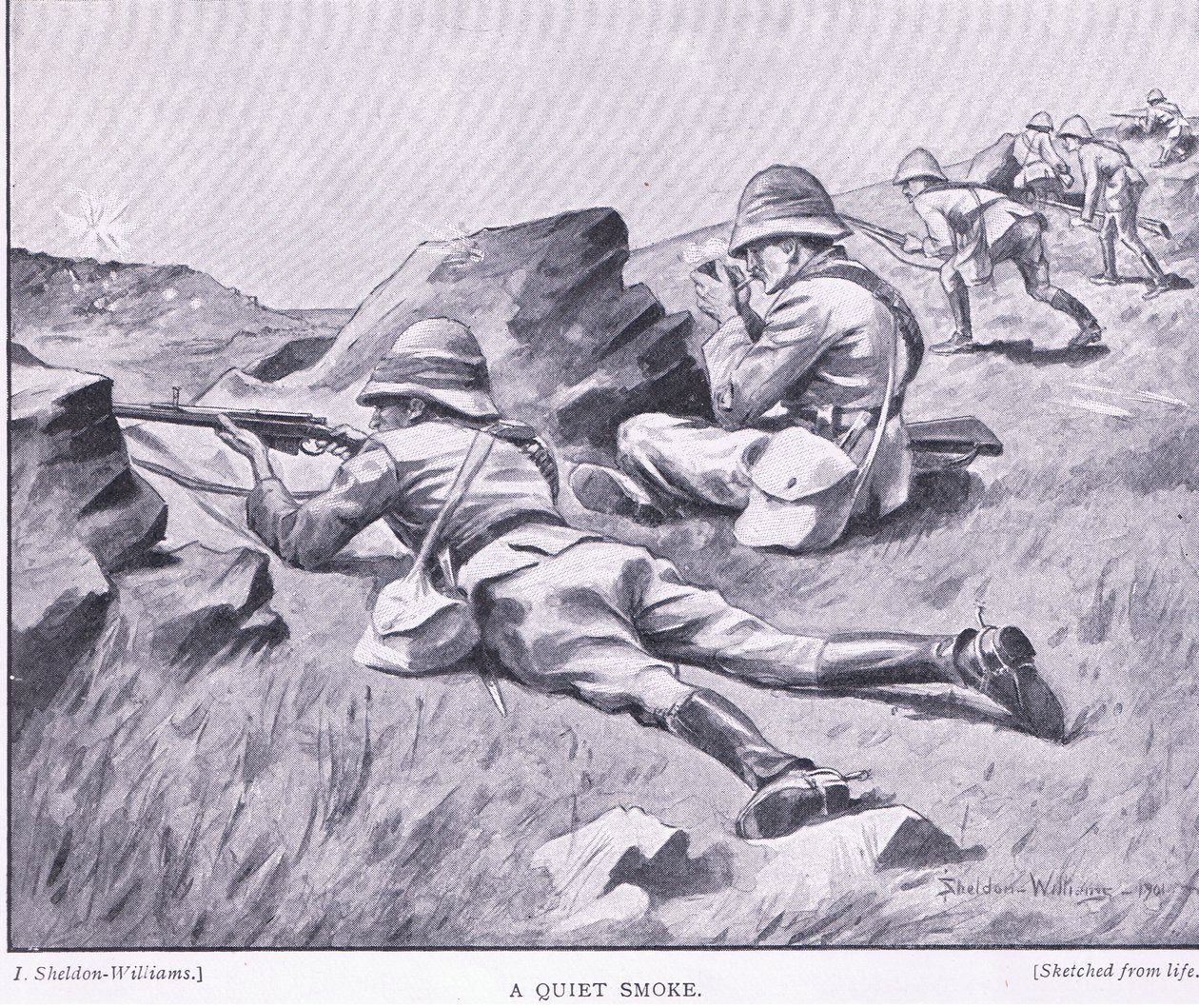Eine ruhige Zigarette, aus Nach Pretoria: Der Guerillakrieg, veröffentlicht von Harmsworth Bros Limited von Henry Inglis Jodrel Sheldon Williams