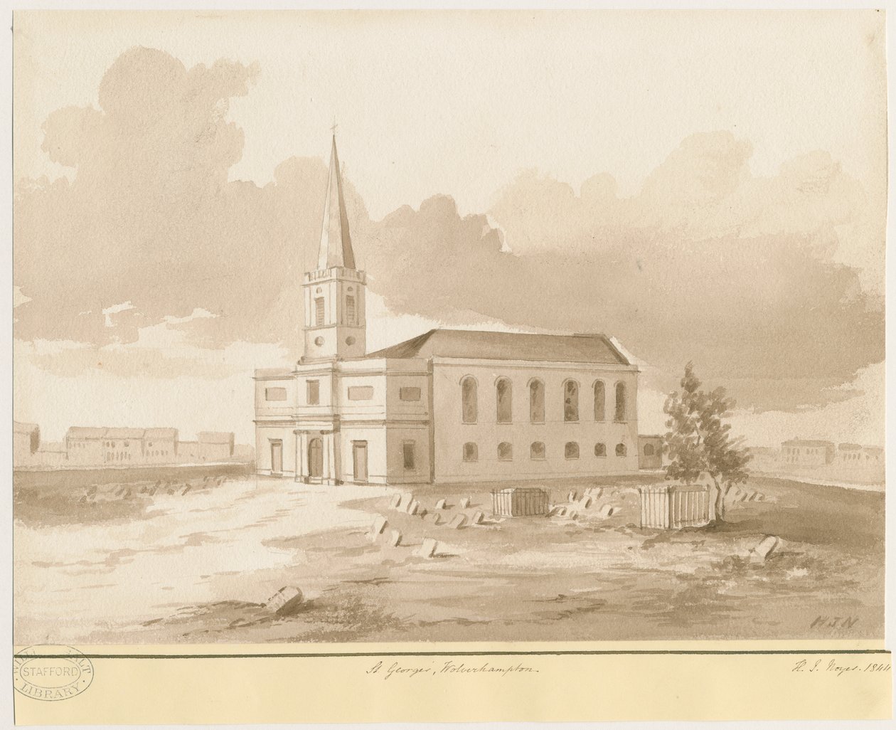 Wolverhampton - St. Georgs Kirche: Sepia-Waschzeichnung, 1844 von Henry James Noyes