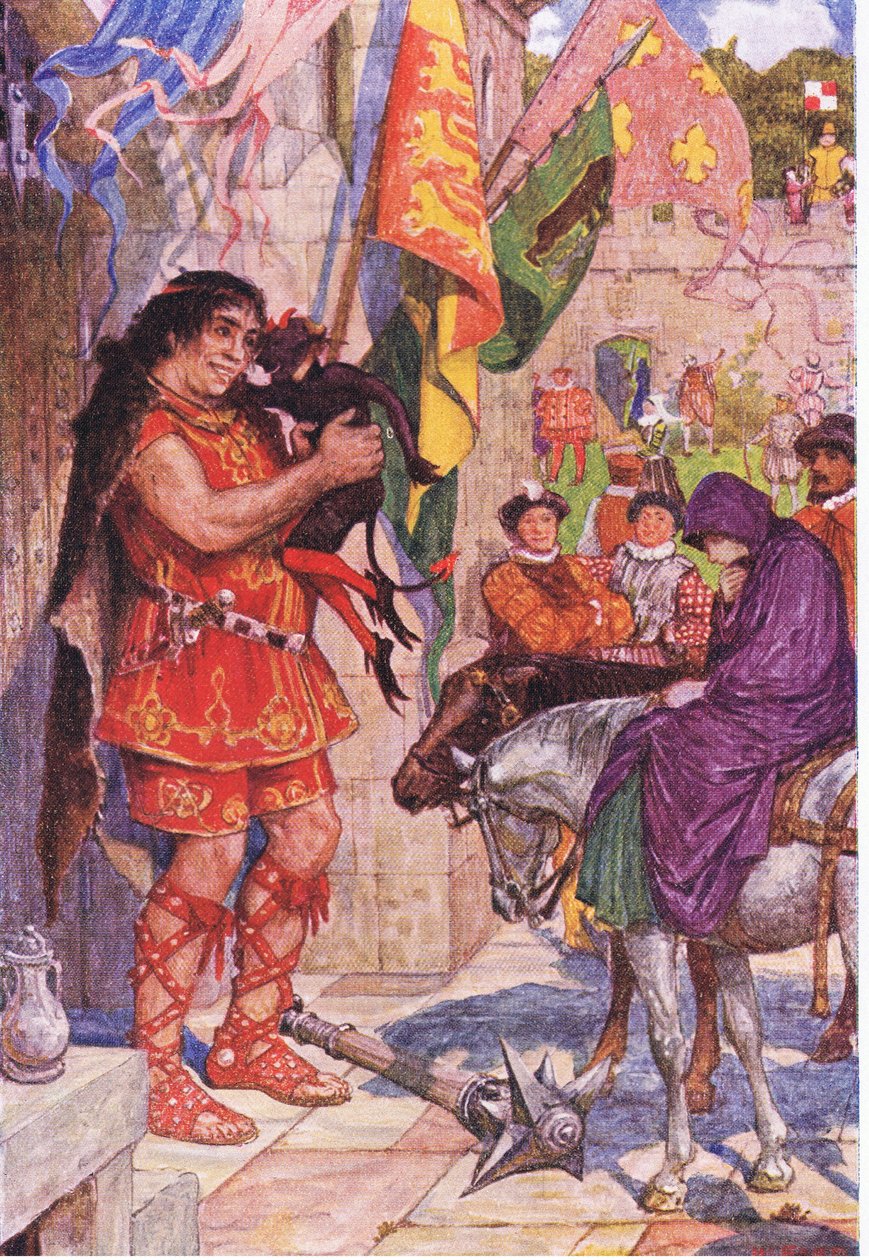 Flibbertibbet als Teufel verkleidet beruhigt den Riesen, als Wayland Amy zur Burg Kenilworth bringt, Illustration aus Kenilworth, ca. 1910 von Henry Justice Ford