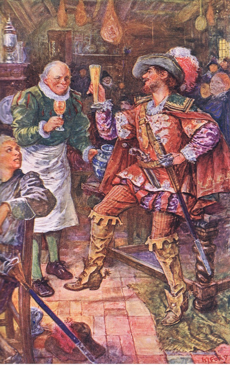 Michael Lambourne trinkt mit dem Wirt des Schwarzen Bären, Illustration aus Kenilworth, ca. 1910 von Henry Justice Ford