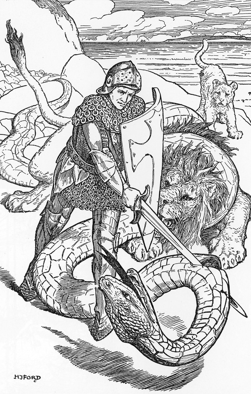 Percival kämpft gegen die Schlange (Illustration von HJ Ford aus „Das Buch der Romantik“ 1902) von Henry Justice Ford