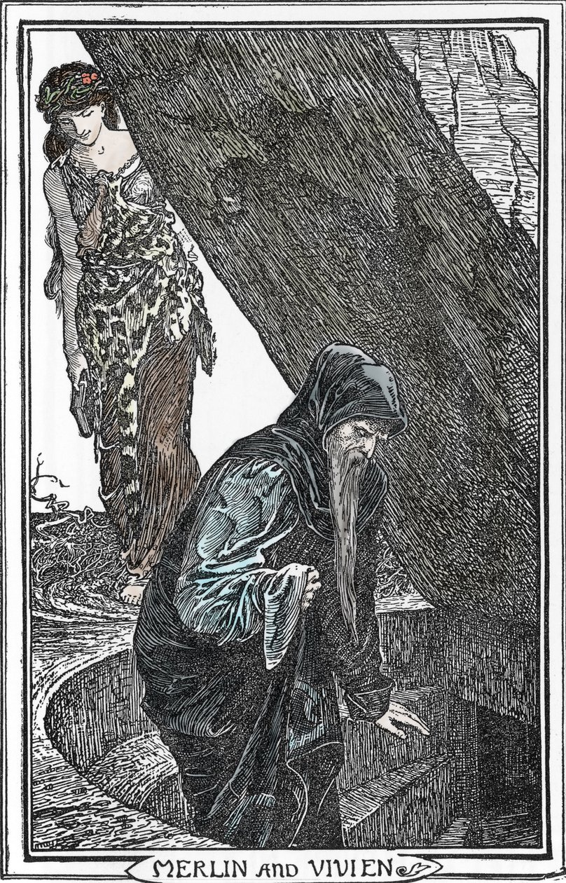 Darstellung von Merlin dem Zauberer und Fee Viviane (Illustration von Henry Justice Ford aus „Das Buch der Romantik“ 1902) von Henry Justice Ford