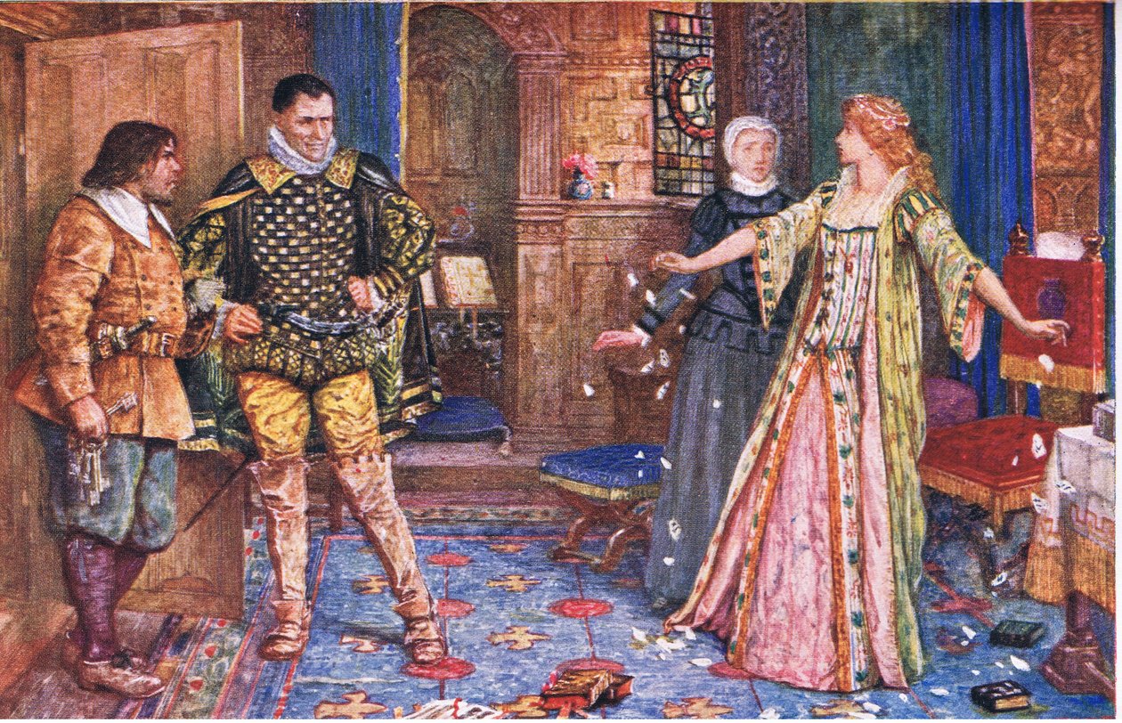 Die Gräfin von Leicester zerreißt den Brief ihres Mannes in Anwesenheit von Varney und Foster, Illustration aus Kenilworth, ca. 1910 von Henry Justice Ford