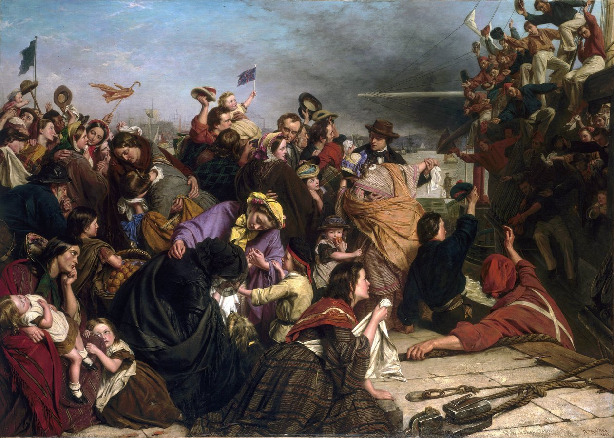 Abschied der Auswanderer, auf einem Dock an der Themse (England), Beschreibung von Gruppen von Menschen aller Altersgruppen und sozialen Klassen sowie der Matrosen in roten und blauen Hemden auf dem Boot, die der Menge zuwinken von Henry Nelson O