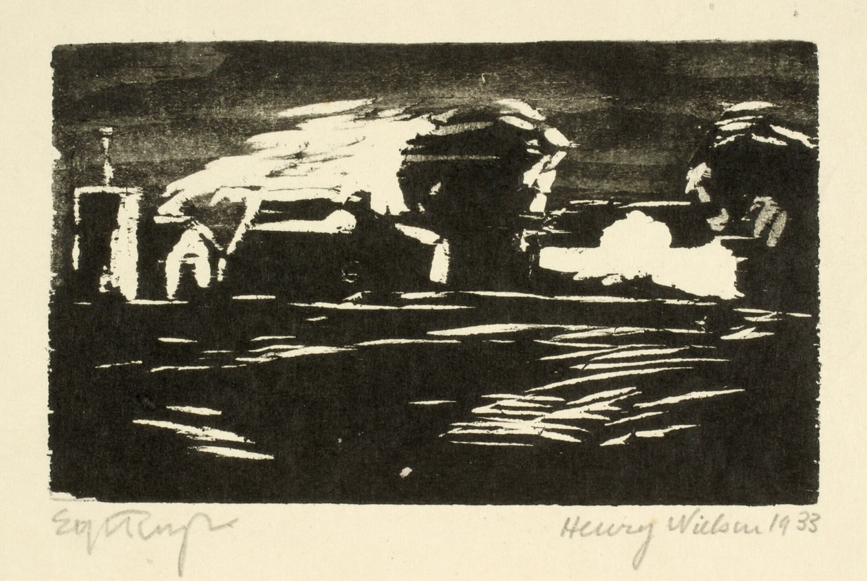 Dunkle Landschaft mit Bäumen und Häusern von Henry Nielsen