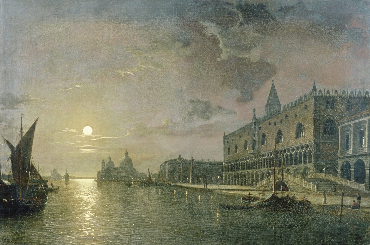 Mondscheinblick auf das Bacino di San Marco, Venedig, mit dem Dogenpalast von Henry Pether