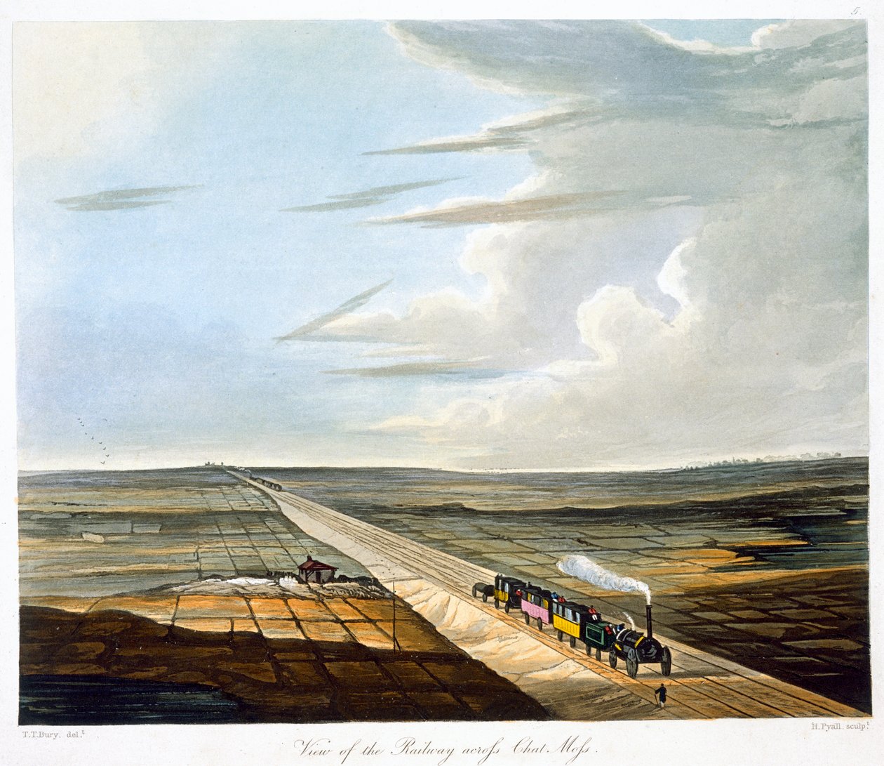 Ansicht der Eisenbahn über Chat Moss, Liverpool und Manchester Railway von Henry Pyall