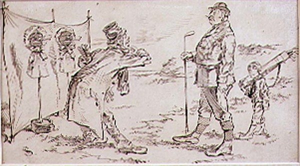 Der Golfer wird vom Verkäufer gestört, Illustration für die Zeitschrift Graphic, veröffentlicht ca. 1870 von Henry Sandercock