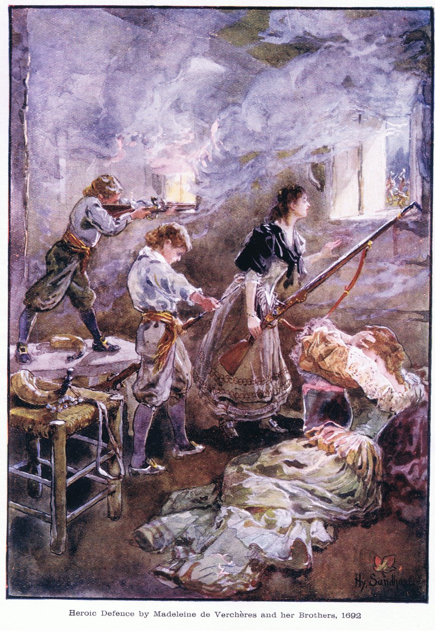 Heroische Verteidigung durch Madeleine de Vercheres und ihre Brüder 1692, ca. 1920 von Henry Sandham