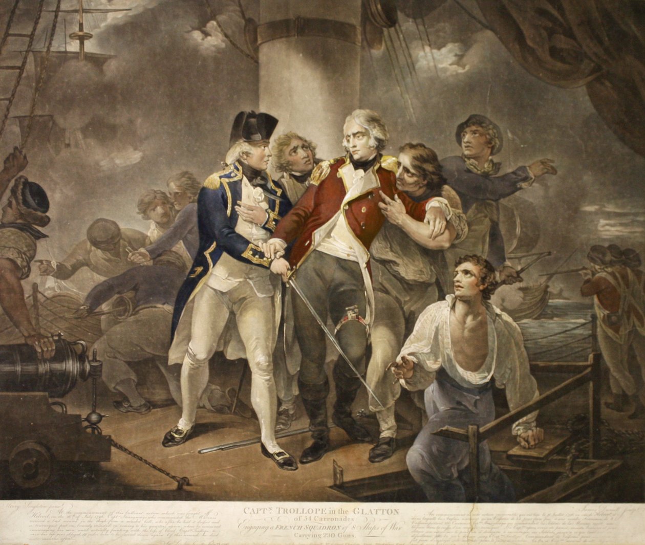 Kapitän Trollope in der Glatton mit 54 Carronaden im Gefecht mit einem französischen Geschwader von 8 Kriegsschiffen mit 230 Kanonen, graviert von James Daniell, 1797 von Henry Singleton