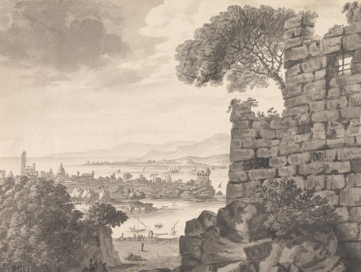 Landschaft mit Ruinen im Vordergrund, Hafen und Dorf im Hintergrund von Henry Swinburne