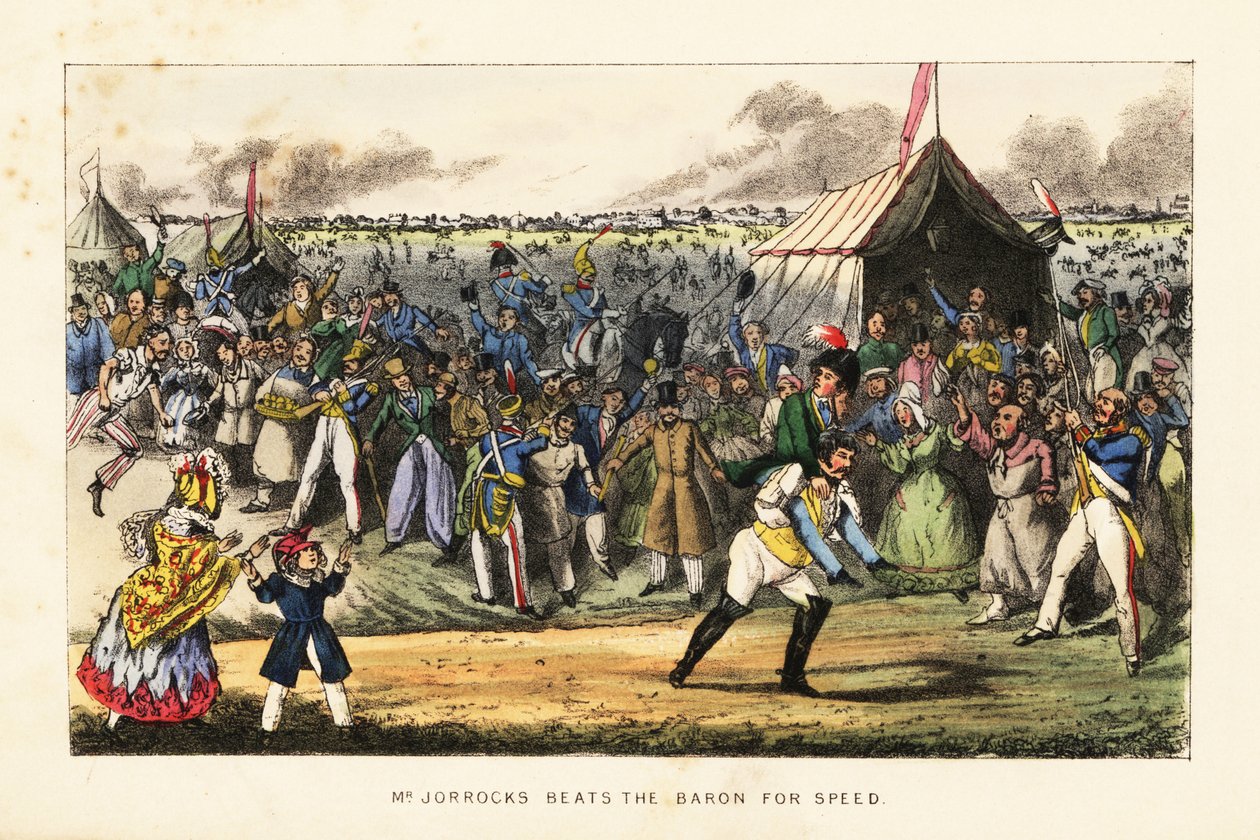 Englische Gentlemen wetten auf ein ungewöhnliches Fußrennen während eines Pferderennens auf dem Champs de Mars, Paris von Henry Thomas (after) Alken