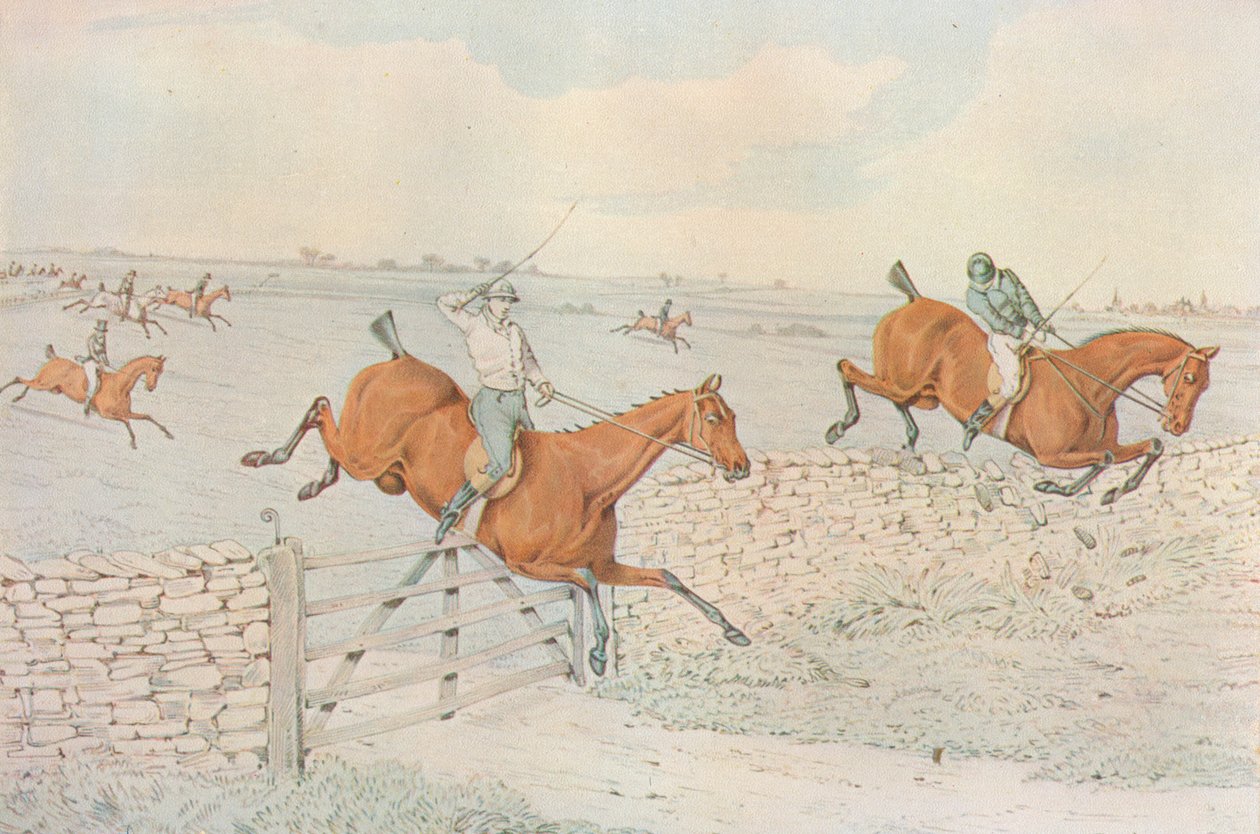 Ein Hindernisrennen: Ein Schlag gegen eine Steinmauer. 5 zu 4 auf Weiß, 1827 von Henry Thomas Alken