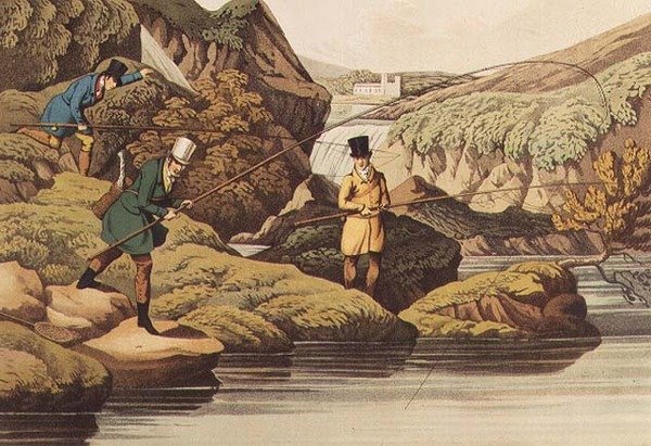 Lachsangeln, aquatintiert von I. Clark, verlegt von Thomas McLean, 1820 von Henry Thomas Alken