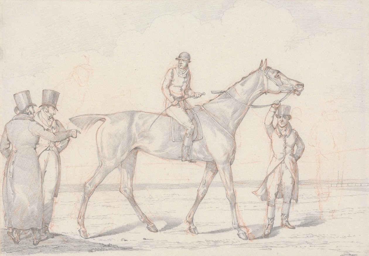 „Schnipsel“, Nr. 15: Rennpferd mit Jockey im Sattel, zwei Männer besprechen das Pferd von Henry Thomas Alken