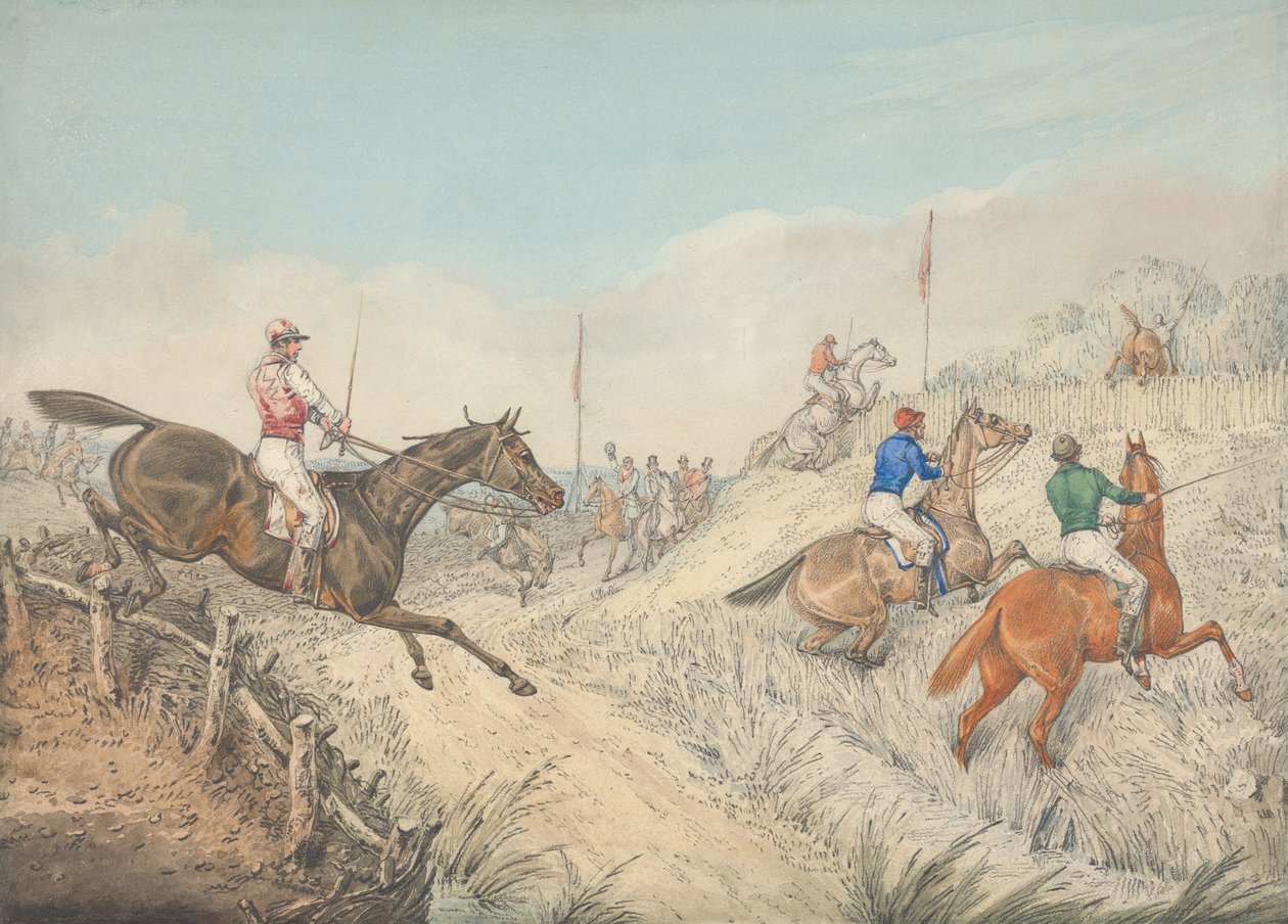 Hindernisrennen: Das Feld springt in und aus einer Gasse von Henry Thomas Alken
