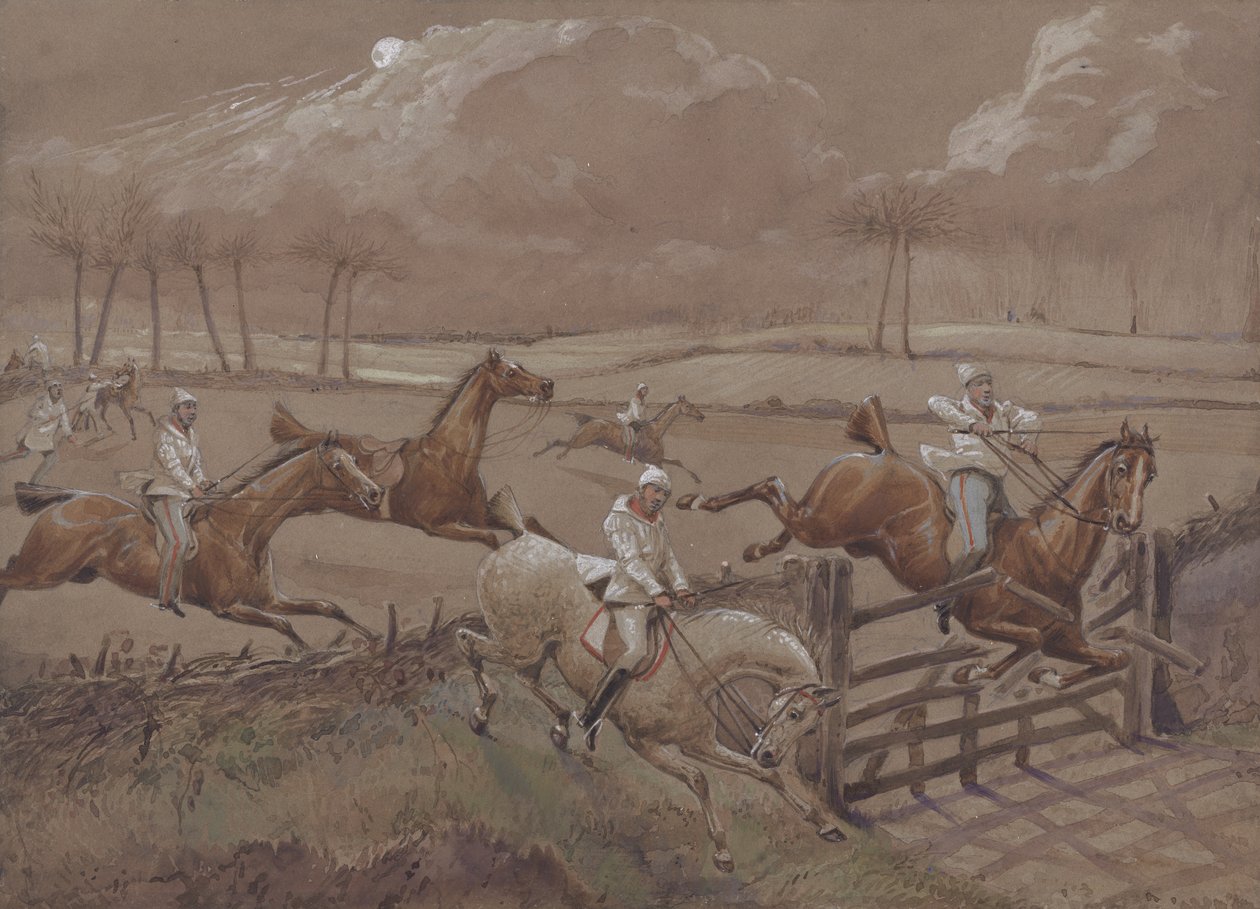 Das letzte Feld bei Nacton Heath, Platte 3, aus The First Steeple Chase on Record, graviert von J. Harris, gedruckt von Ackermann, London 1839 von Henry Thomas Alken
