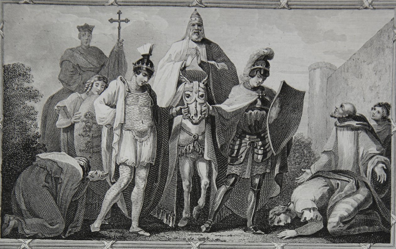 Henry und Lewis führen den Papst zur Burg von Torci, graviert von Saunders, Illustration aus David Humes 