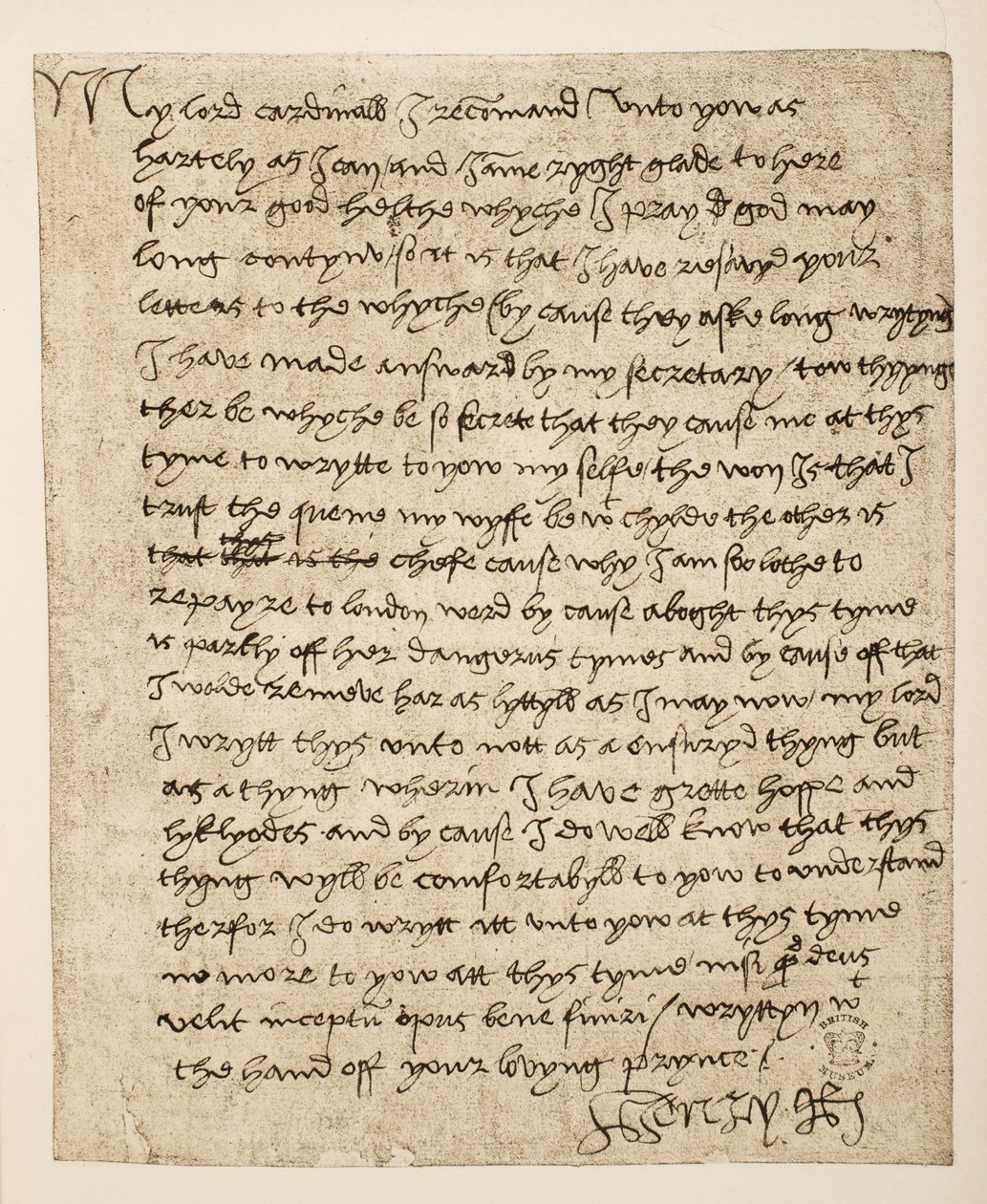 Faksimile eines Briefes von Heinrich VIII. an Kardinal Wolsey, datiert Juli 1518, veröffentlicht 1902 von Henry VIII