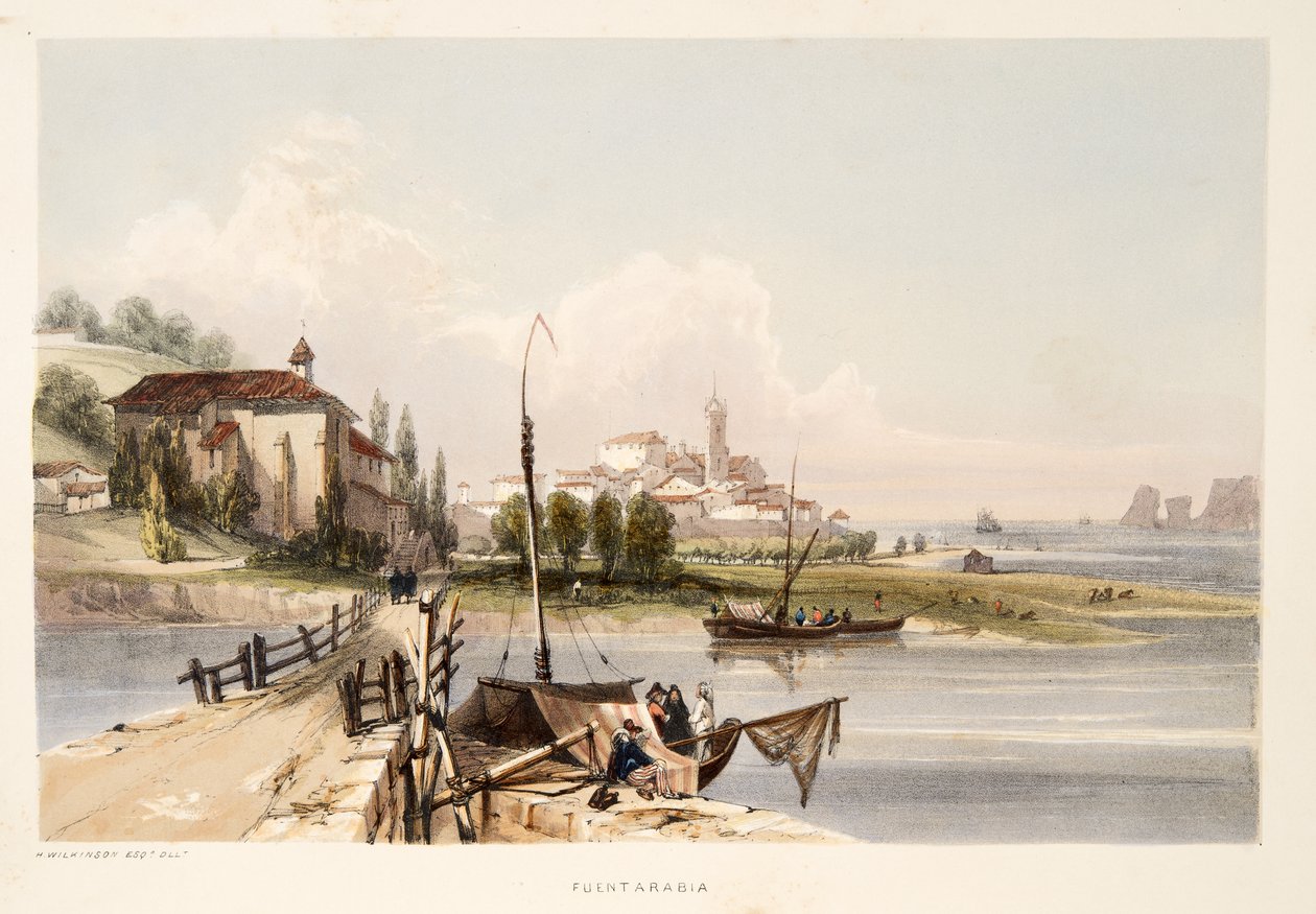 Fontarabia, mit dem Kloster und der Brücke von Capauchinos, aus Skizzen der Landschaft in den Baskischen Provinzen Spaniens, mit einer Auswahl nationaler Musik, veröffentlicht 1838 von Henry Wilkinson