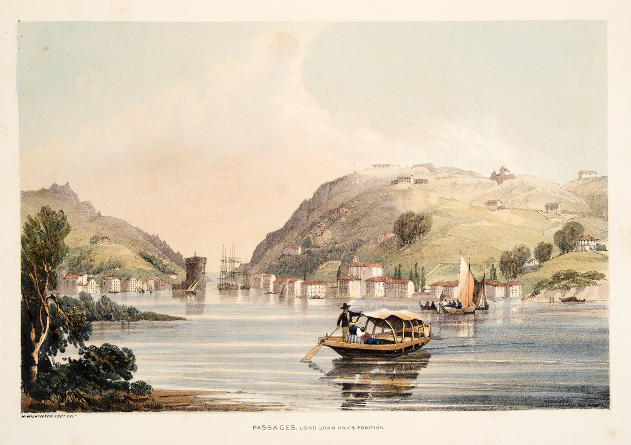 Position von Lord John Hay, bei Passages, aus Skizzen der Landschaft in den Baskischen Provinzen Spaniens, mit einer Auswahl nationaler Musik, veröffentlicht 1838 von Henry Wilkinson