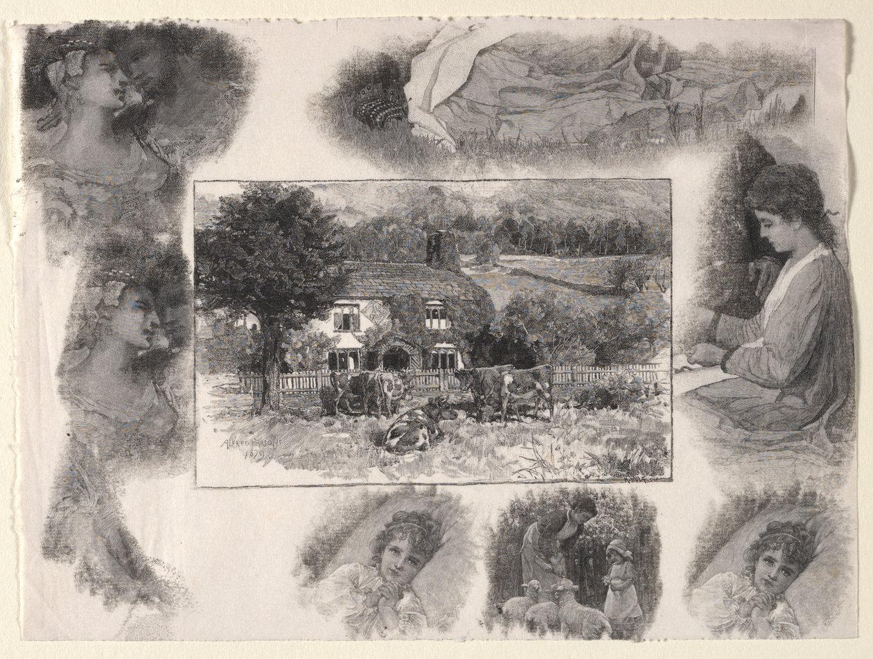 Landschaft mit Hütte und Kühen umgeben von verschiedenen Skizzen von Henry Wolf
