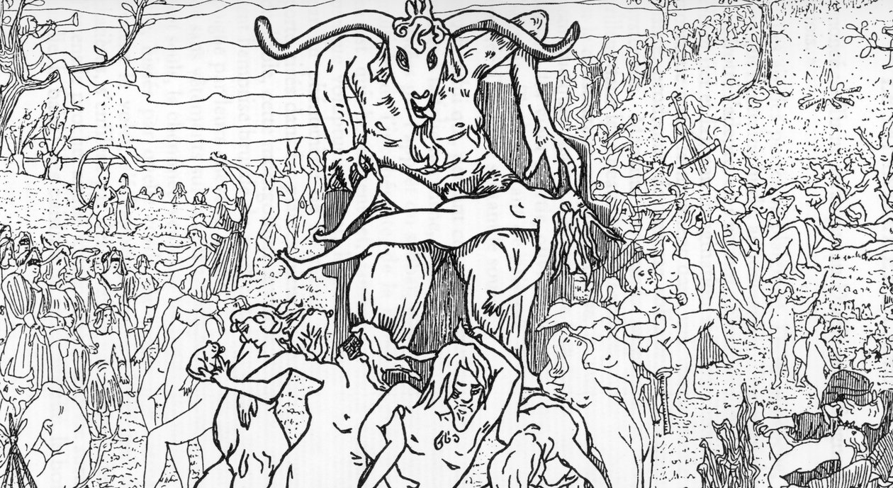 Darstellung einer Sabbatszene, die von Hexen unter dem Vorsitz von Satan versammelt wird und zu Orgien führt. Zeichnung von Henry de Malvost aus „Satanismus und Magie“ von Jules Bois 1895. Private Sammlung von Henry de Malvost