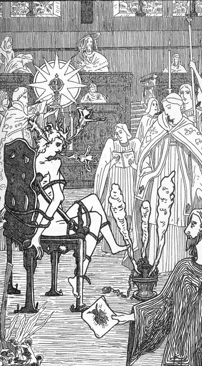 Darstellung einer Exorzismuszeremonie, Zeichnung von Henry de Malvost aus „Satanismus und Magie“ von Jules Bois 1895 von Henry de Malvost