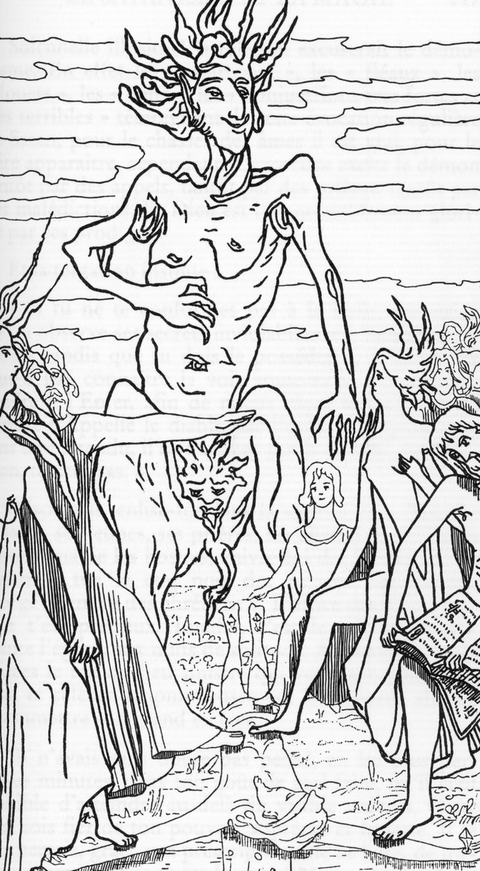 Satans Anhänger trampeln auf Christus. Zeichnung von Henry de Malvost aus 