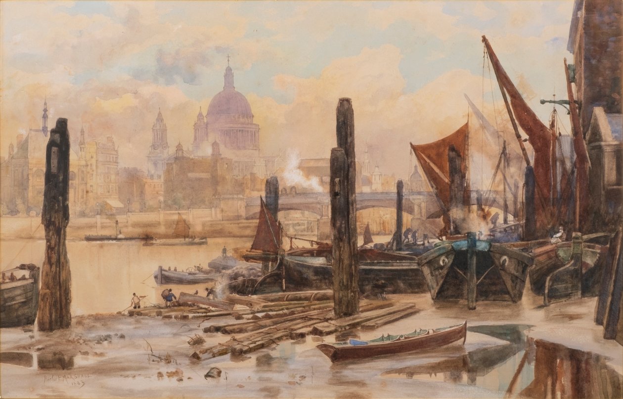 Verankerte Themse-Schuten; St. Pauls und Blackfriars Bridge in der Ferne von Herbert Menzies Marshall