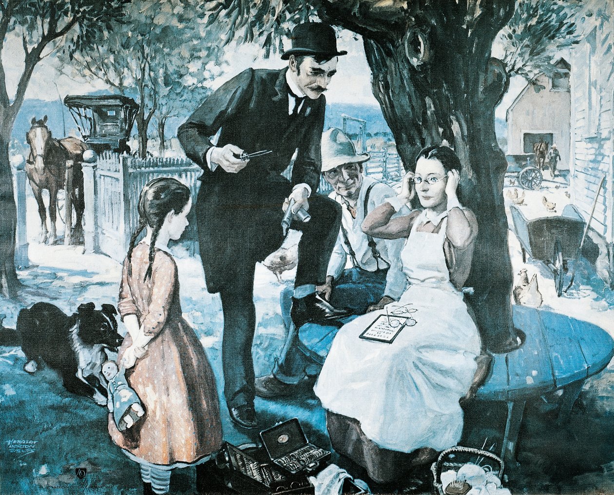 Der Brillenverkäufer im späten 19. Jahrhundert, Werbung für die American Optical Company von Herbert Morton Stoops