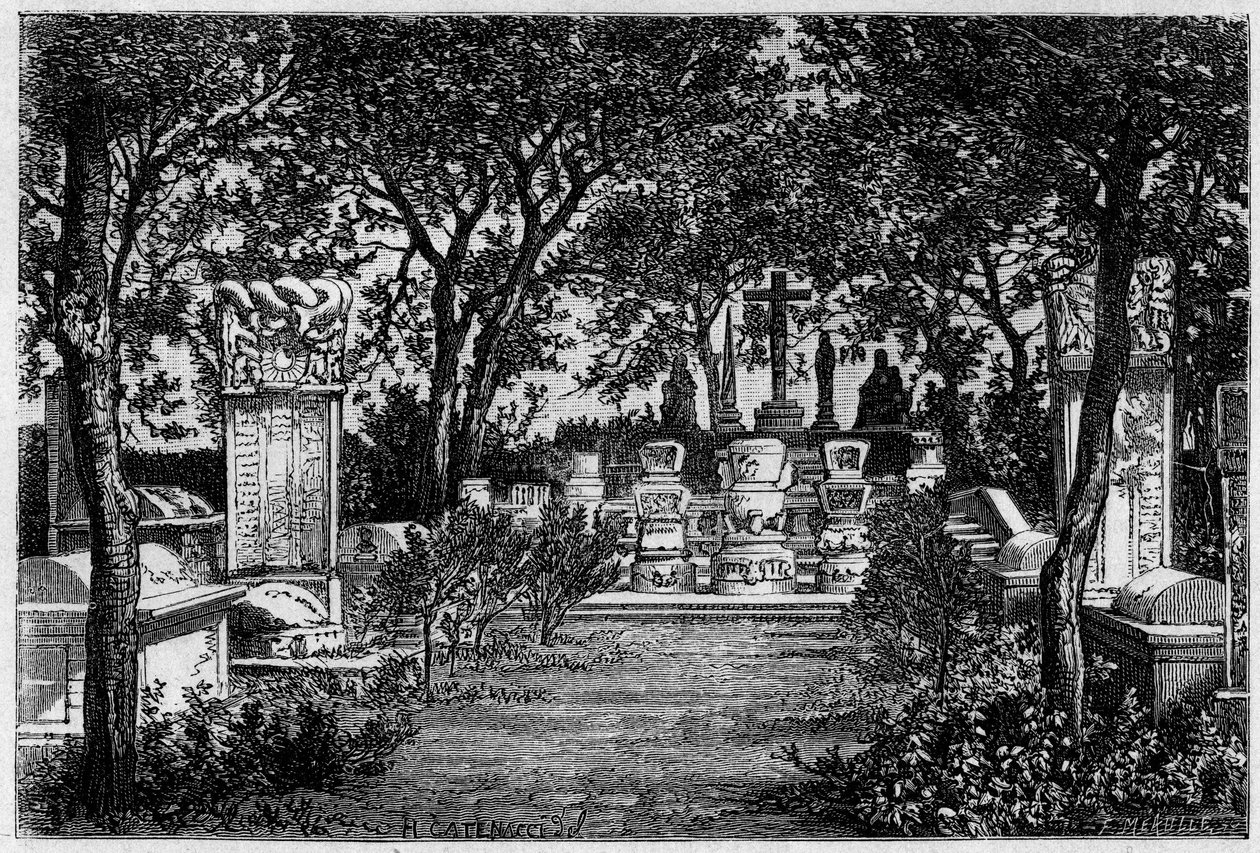 Gräber der Jesuiten Matteo Ricci (1552-1610) und Adam Schall von Bell (1592-1666) in Peking in den 1870er Jahren. Gravur nach einer Zeichnung von Catenacci, nach einem Foto von Thomson, in „Le Tour du Monde, Nouveau journal des Voyages“, herausgegeben von  von Hercule (after) Catenacci
