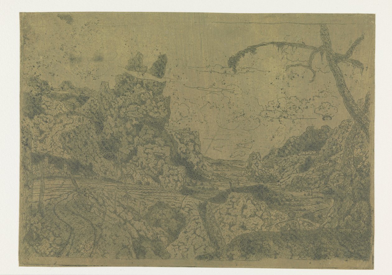 Bergtal, rechts ein Mann mit einem Stock von Hercules Segers