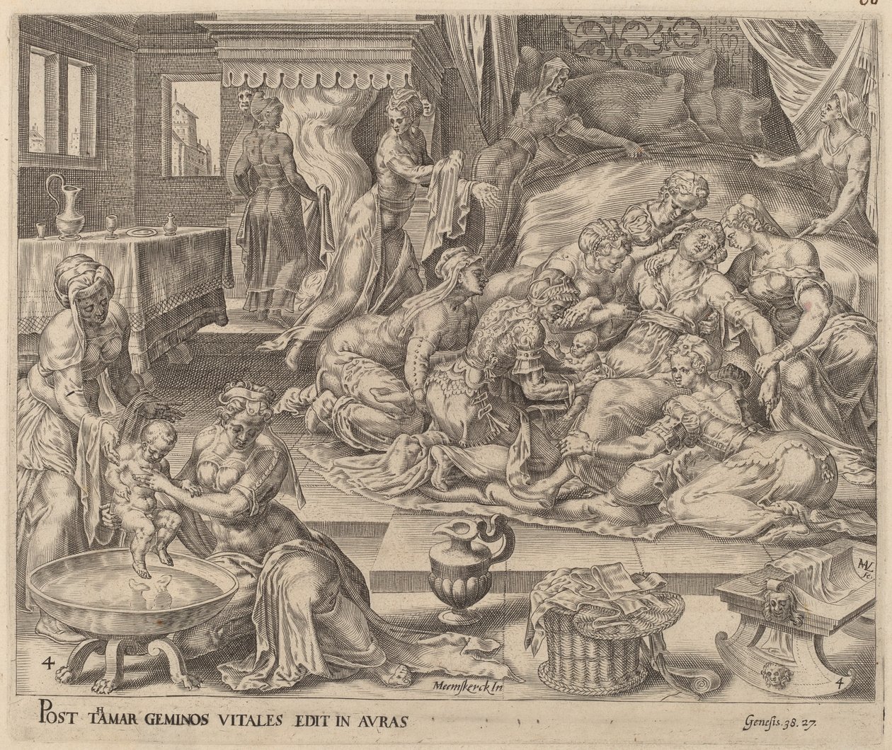 Die Geburt von Perez und Serach von Herman Jansz Muller after Maerten van Heemskerck