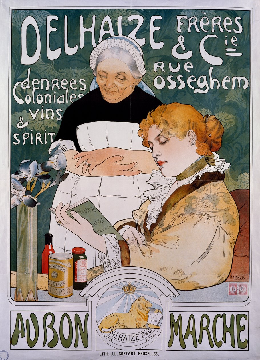 Dame und Dienstmädchen, Plakat für die Firma Delhaize Freres et Cie au bon marche von Herman Richir