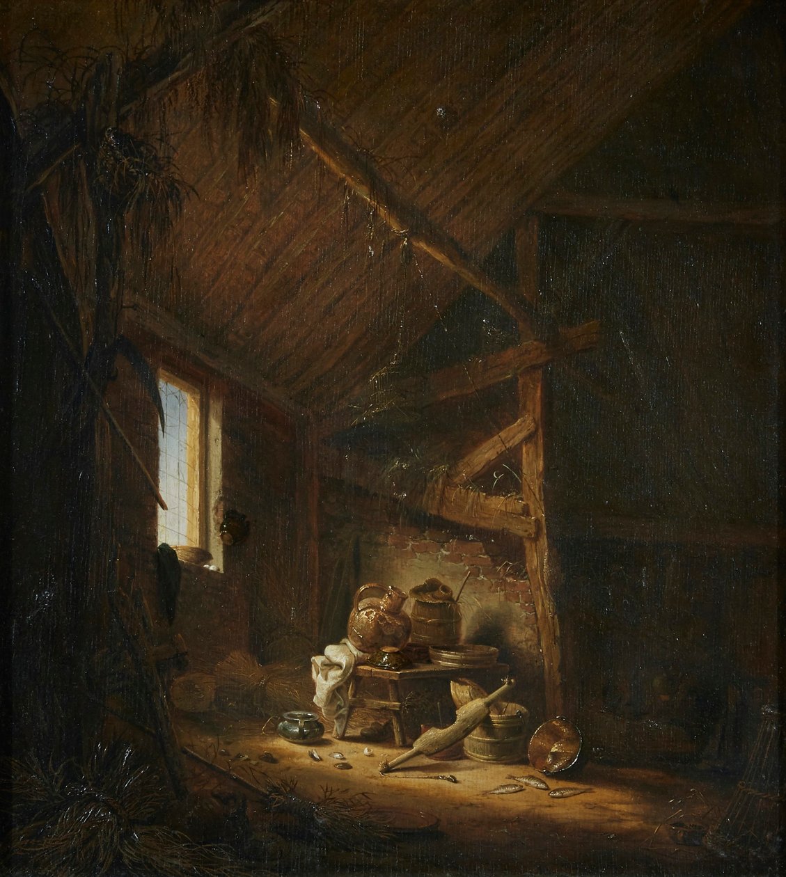 Scheuneninterieur mit Licht, das durch ein Fenster strömt von Herman Saftleven