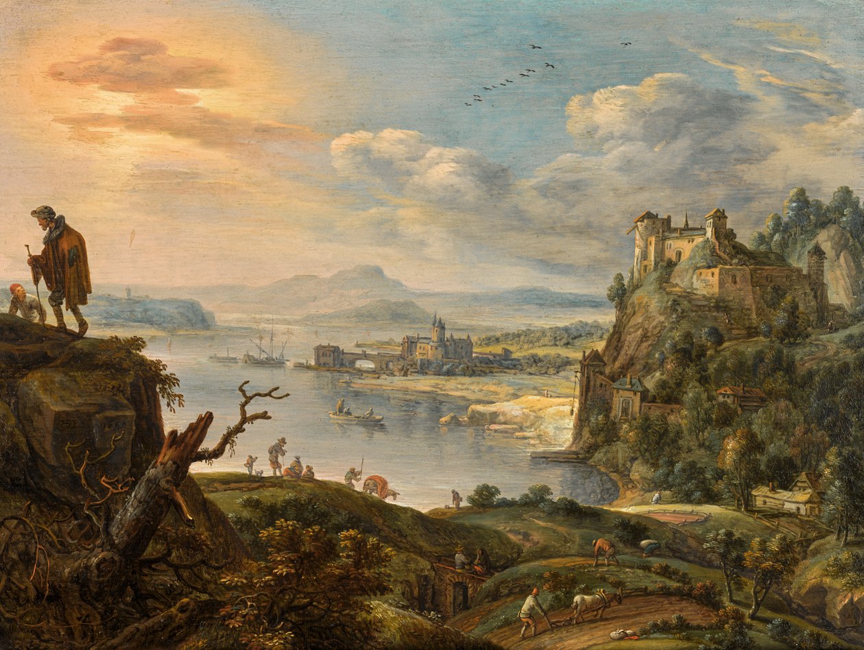 Weitläufige Berglandschaft mit Blick über ein Flusstal von Herman Saftleven