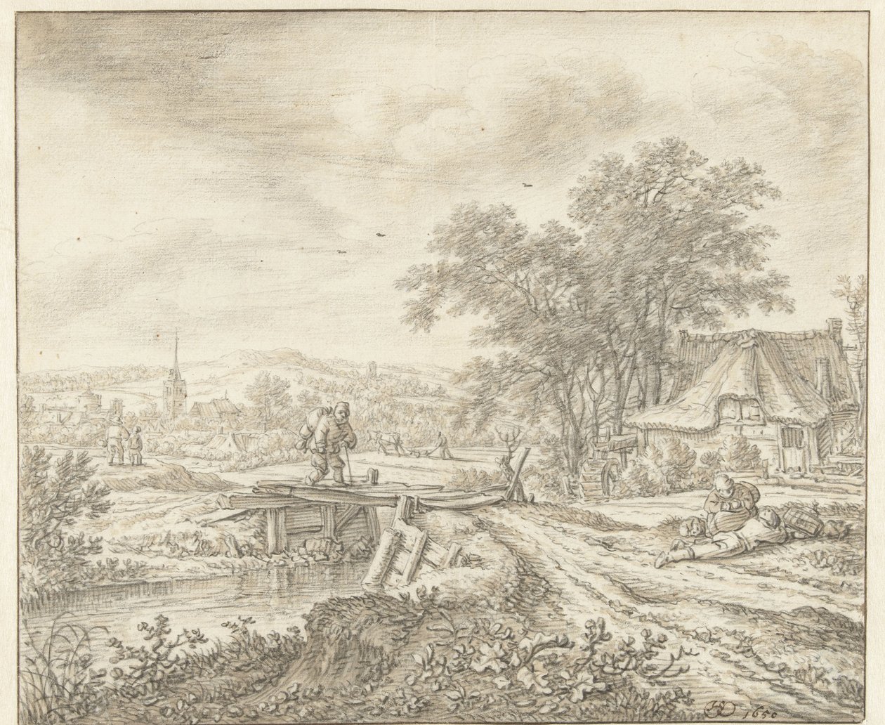Hügellandschaft mit einem Bauernhof bei einer Brücke von Herman Saftleven